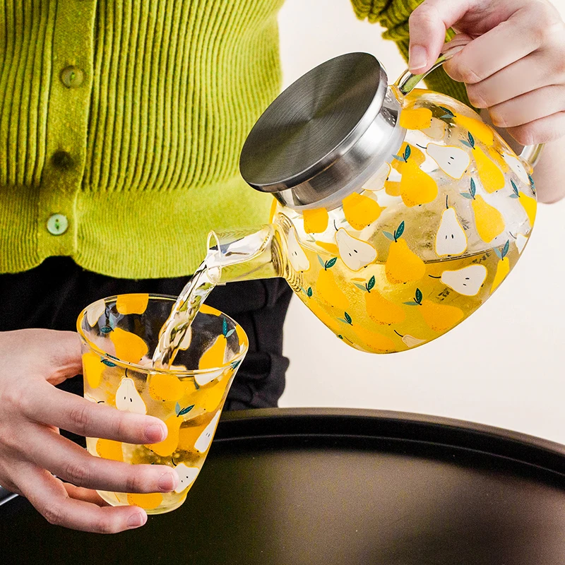 JINYOUJIA-Borosilicate Glass Teapot Set, Fruit Pattern, Heat-Resistant Tea Pot, Water Cups, Office Home Juice Cold Kettle, 1.6L