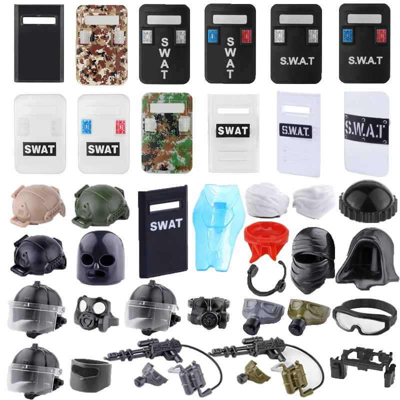 Building Blocks Solider Figures Gifts Toys Modern Police Equipments Shields Flame-thrower Tactical Helmet Earphone Belt Goggles