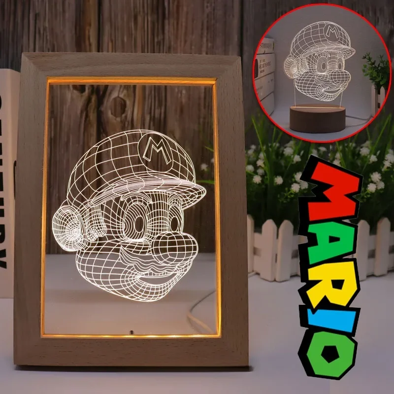 Super Mario Desktop Ornaments 3D Visual Led Photo Frame Light Wooden Anime Game Creative Cute Figures Model Lamp Desk Decoration