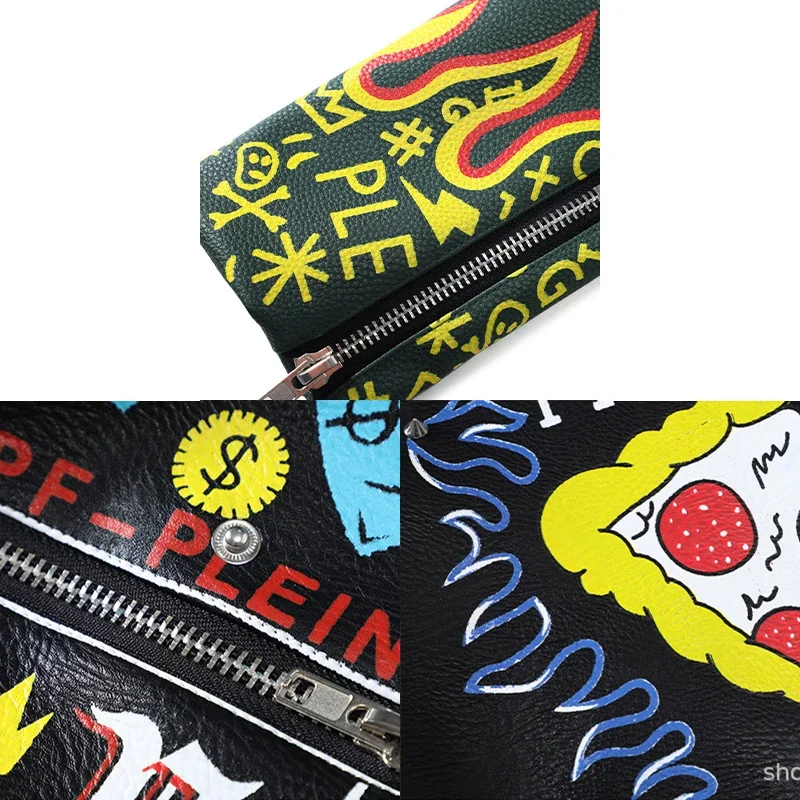 Cropped Graffiti Print Leather Jacket for Women 2024 Trend Rivets Punk Style Streetwear Contrast Faux Leather Motorcycle Jackets