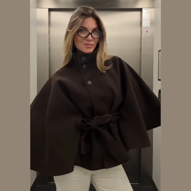 PRINTKAOIR Women's Poncho Coats Vintage Stand Collar Belt Button Lace Up Full Sleeve Overcoat Female Autumn New Lady Streetwears 1