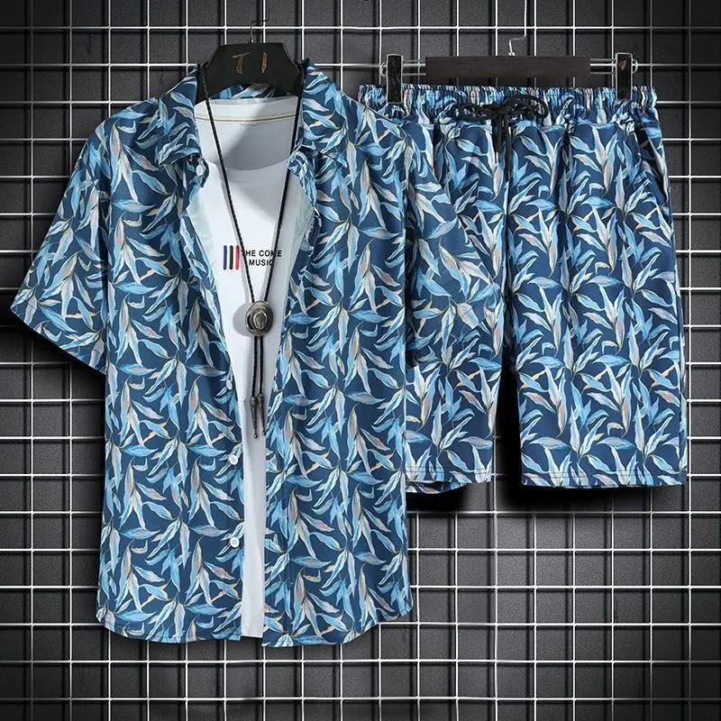 ￥Summer Korean men's beach pack 2-piece quick-drying Hawaiian shirt and shorts suit men's fashion clothing printing casual suit