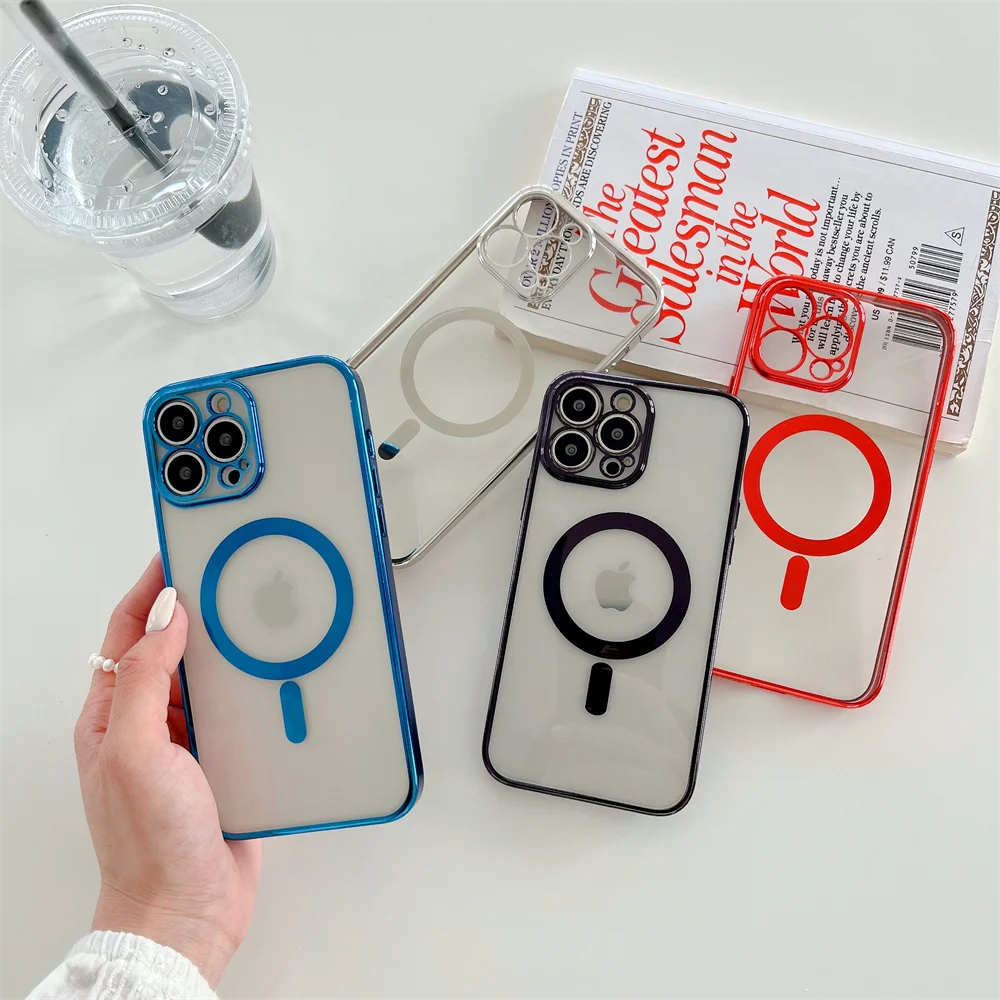 For IPhone 13 12 11 Pro Max Magsafe Magnetic Wireless Charging Case IPhone X XR XS 7 8 PlusElectroplated Frame Transparent Cover apple mag safe