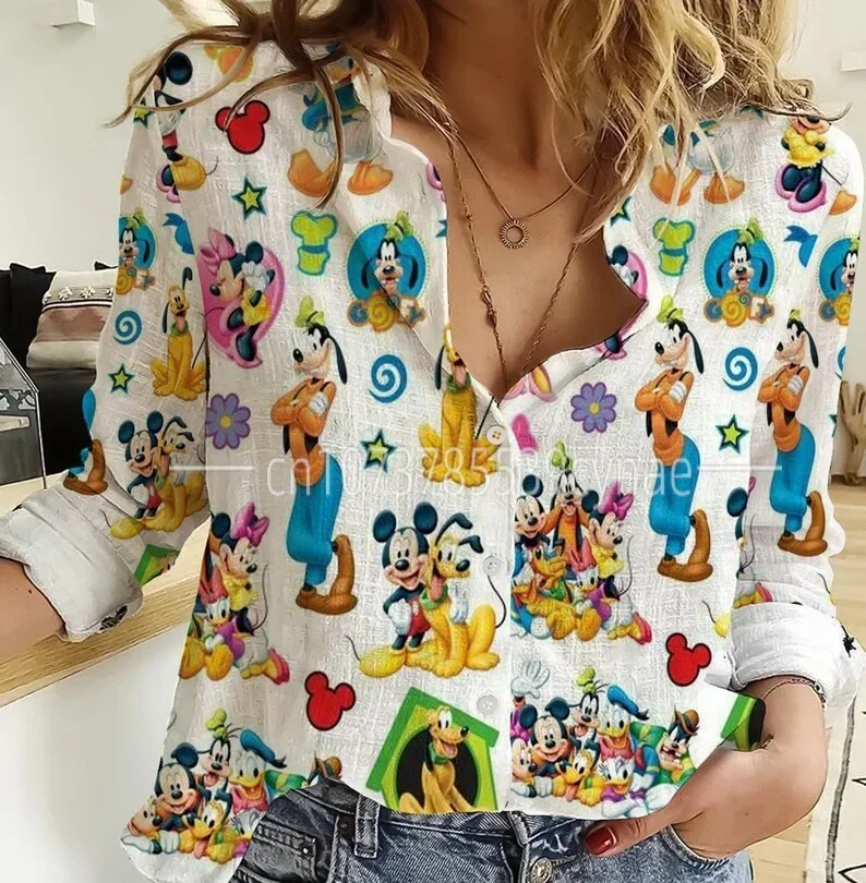 

Гавайская рубашка Disney с Микки Маусом, женская рубашка с коротким рукавом и пуговицами, Повседневная модная пляжная рубашка y2k, винтажные Топы