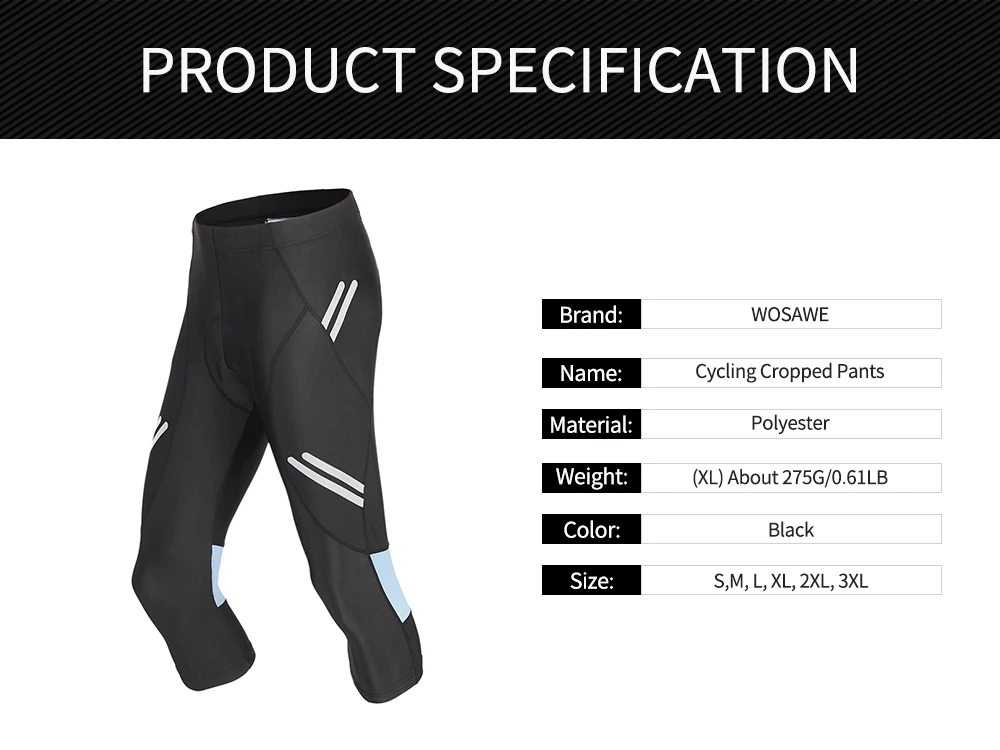 Description Picture 5 of itemWOSAWE Men Cycling Pants 3/4 Summer Breathable Gel Pad Compression Tights Bike Bicycle Trousers MTB Road Bike Capris Refleective