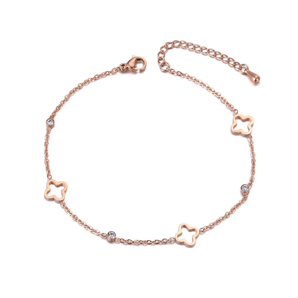 Cubic Zirconia Ankle Chains 316L Stainless Steel CZ Crystal Flower Plant Charm Anklet For Women 18K Gold Plated Chain Summer Beach Jewelry
