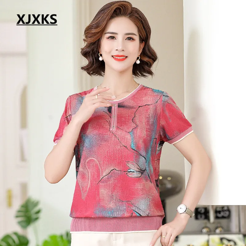 

XJXKS Round Neck Women's T-shirt 2022 Summer New Loose Large Size Printing Comfortable Ice Silk Short-sleeved Top