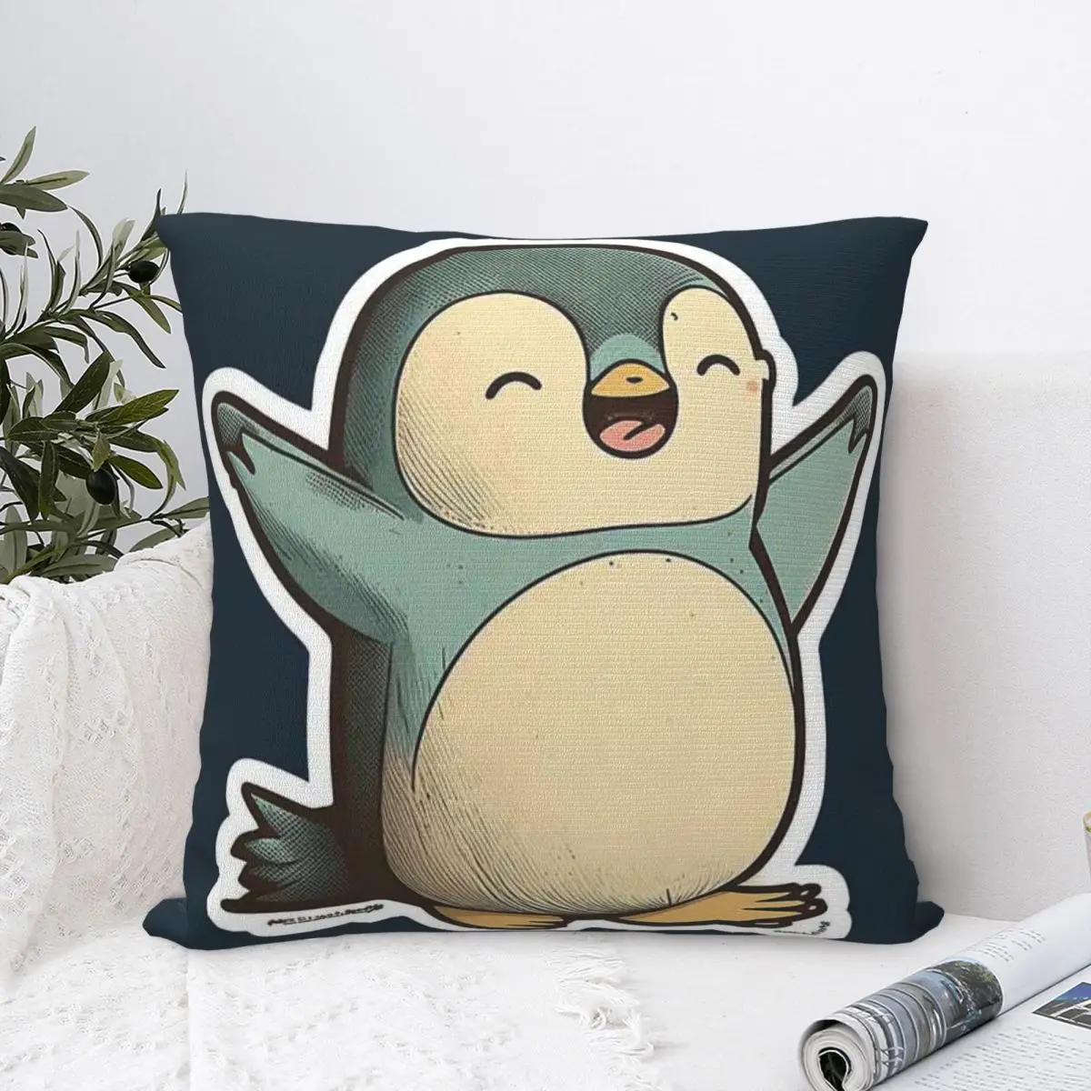

Happy Little Penguin Cute Penguin Art For Penguin Lovers Square Polyester Pillow Cover Velvet Cushion Decor Comfort Throw Pillow