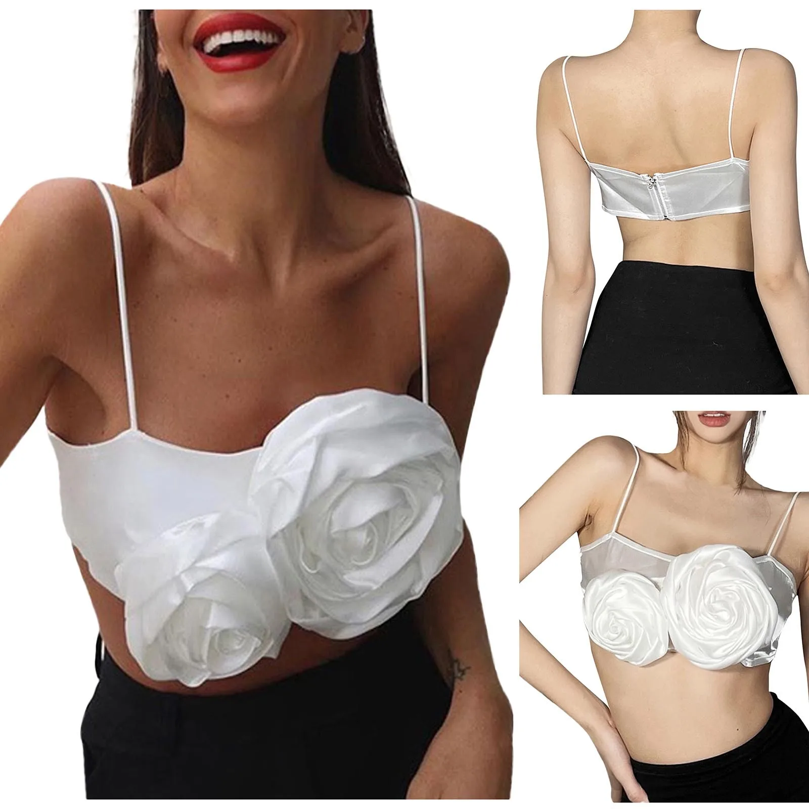 

Women'S Fashion Suspender One-Line Neck Three-Dimensional Floral Flower Petal Short Slim-Fit Crop Top With Breast Wipe Cueca