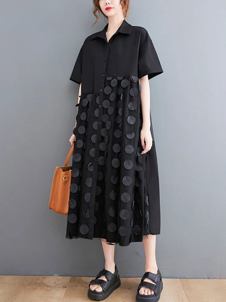 Black Mesh Spliced Polka Dot Summer Shirt Dress Women New Short Sleeve Loose Casual Fashion Long Dress Elegant Clothes 2025