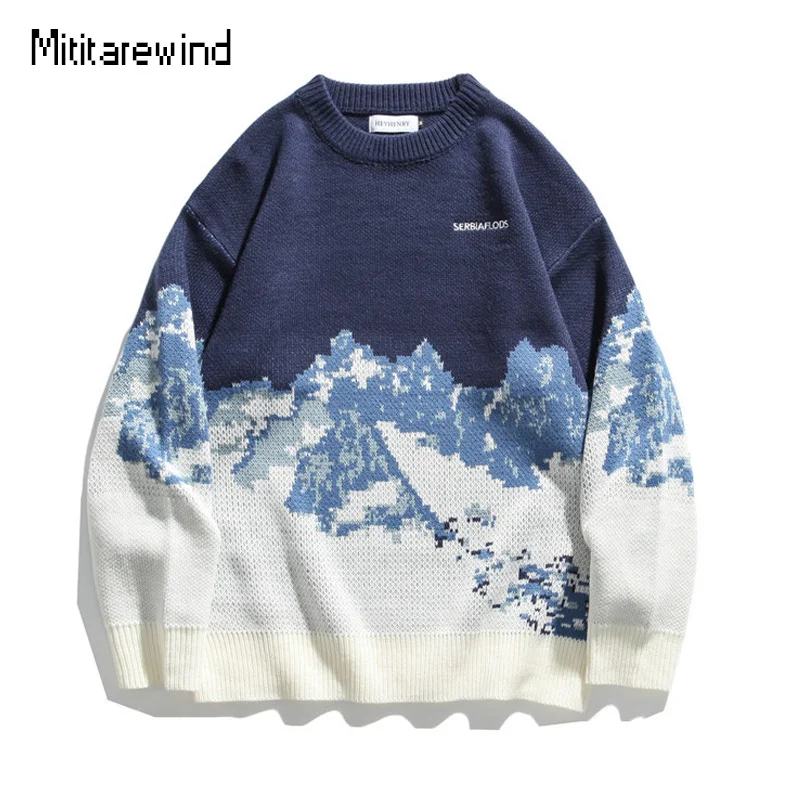 

Snow Mountain Sweater Men Women Hip Hop Streetwear Spring Autumn Casual Loose Round Neck Couple Sweaters Korean Knitted Sweater