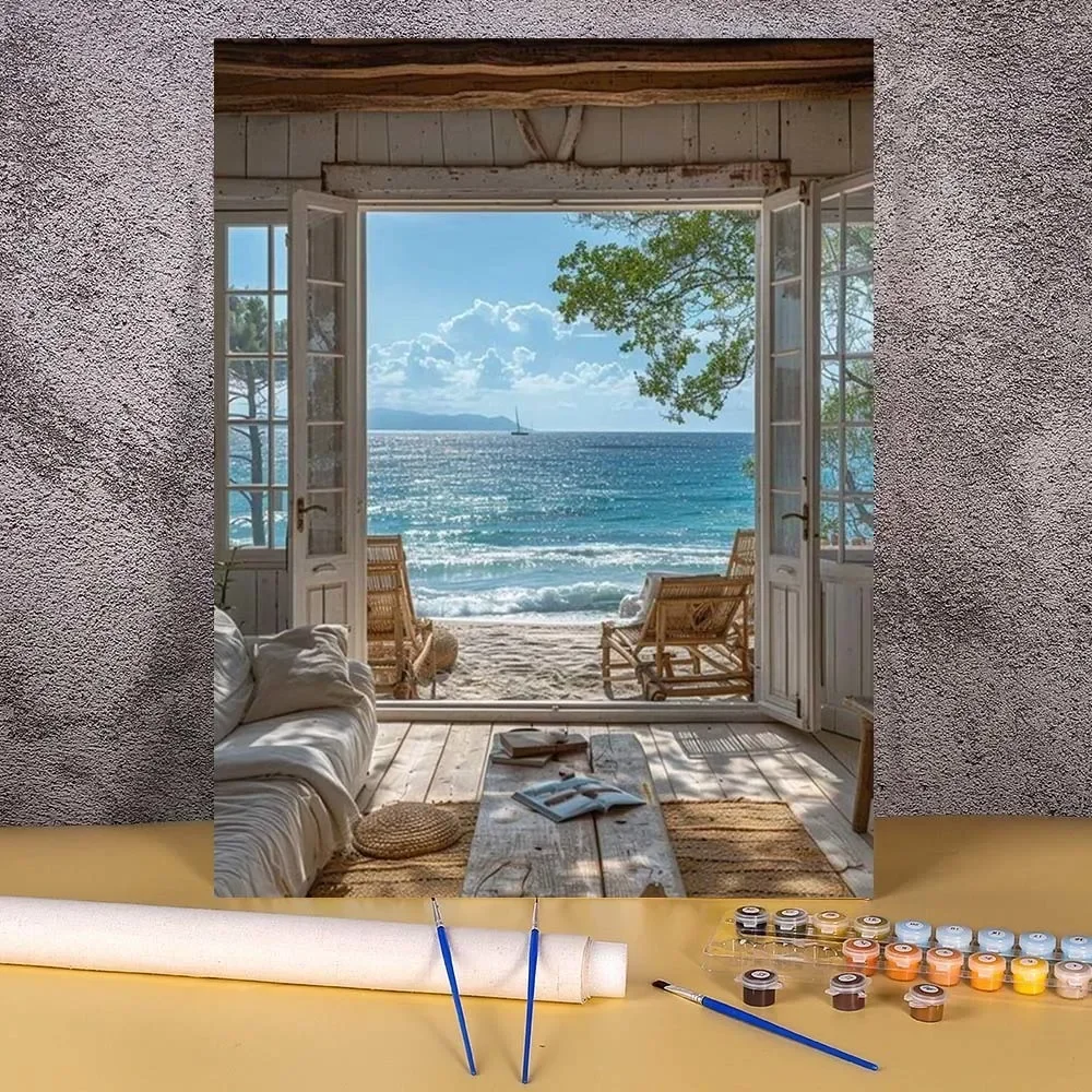 Painting By Numbers Seaside House HandPainted DIY Oil Painting Drawing On Canvas Unique Gift Home Decoration Bedroom Wall Art