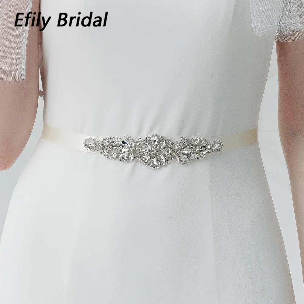 Efily  Fashion Bridal Satin Belts Crystal Silver Color Wedding Accessories Prom Dress Belt Ivory White Strass Bride Sash Gifts