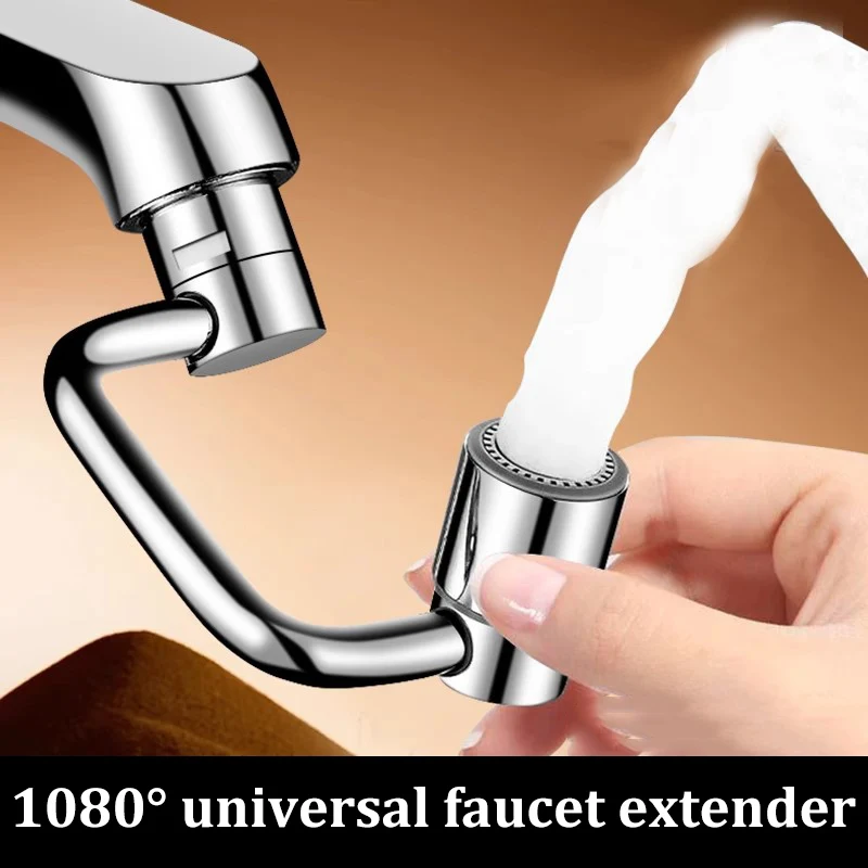 1080 °   ก๊อกน้ำสแตนเลสแบบหมุนได้สำหรับห้องครัว พร้อมอุปกรณ์ต่อขยายแบบกันน้ำกระเซ็น ใช้ได้กับอ่างล้างหน้าในห้องน้ำ  แบบสองโหมด พร้อมอะแดปเตอร์ 1