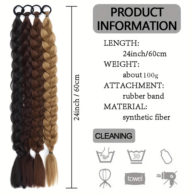 2pcs Long Braided Ponytail for Women Straight Wrap Around Braid Ponytail Extension Synthetic Braids Horse Tail with Rubber Band 3
