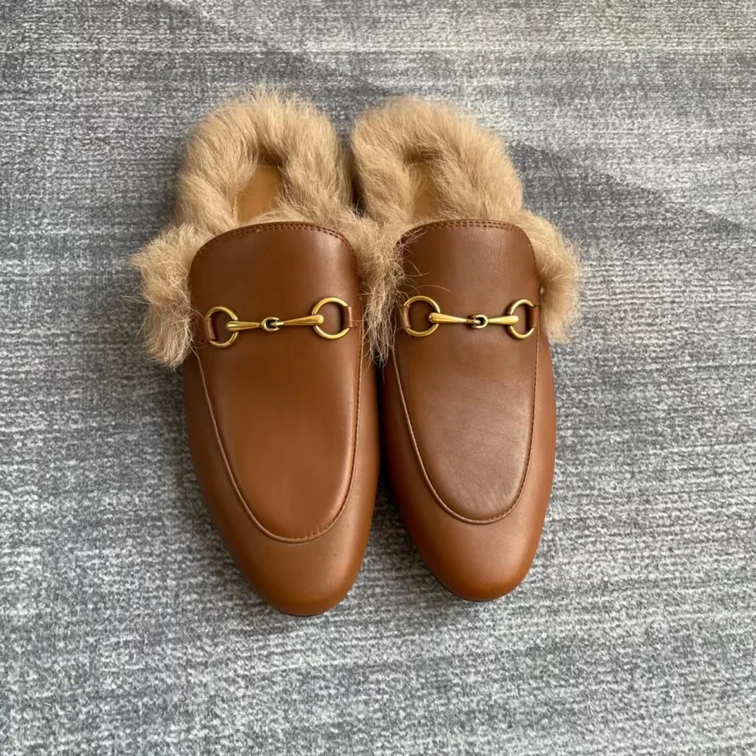 Top grade cowhide material round toe flat bottom half slippers, wool outdoor anti slip casual shoes,metal buckle fashion sandals 5