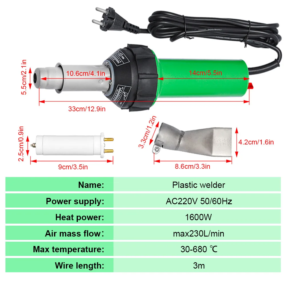 AC 220V 1600W 50/60hz Plastic Welding Machine Electric Hot Air Gun Plastic Welding Gun + Heating Core + Flat Head Accessories 2
