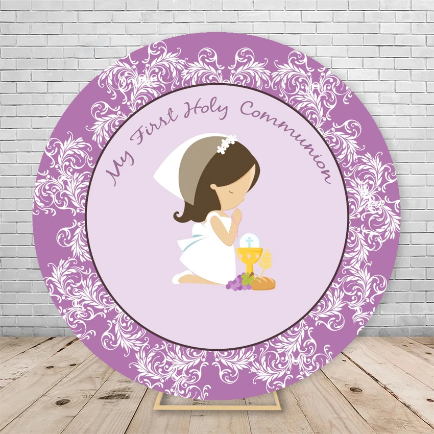 Renaiss 2.3x2.3m Prima comunione Fondale tondo per ragazze Rustico Tavola di legno Fiore Sfondo di fotografia Poliestere Battesimo Decorazione per feste Baby doccia Compleanno Puntelli fotografici