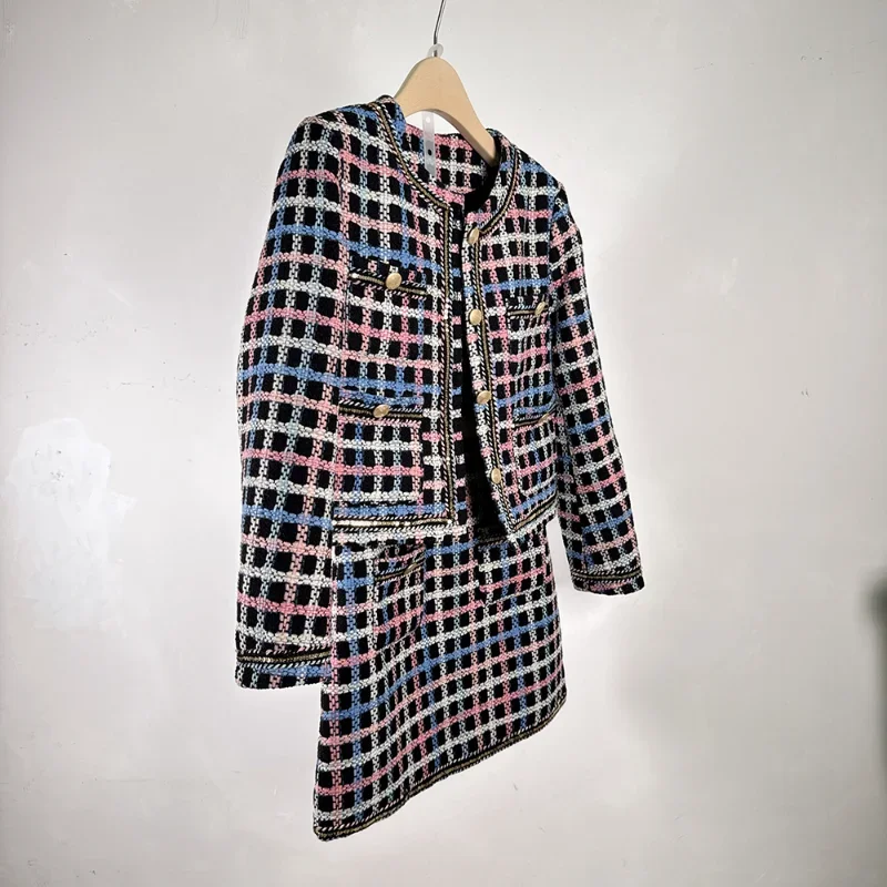 Women French Vintage Plaid Long-sleeved Coat + Mini Skirt Tweed Suit Casual Chic High Quality Small Fragrance Two-piece lady Set