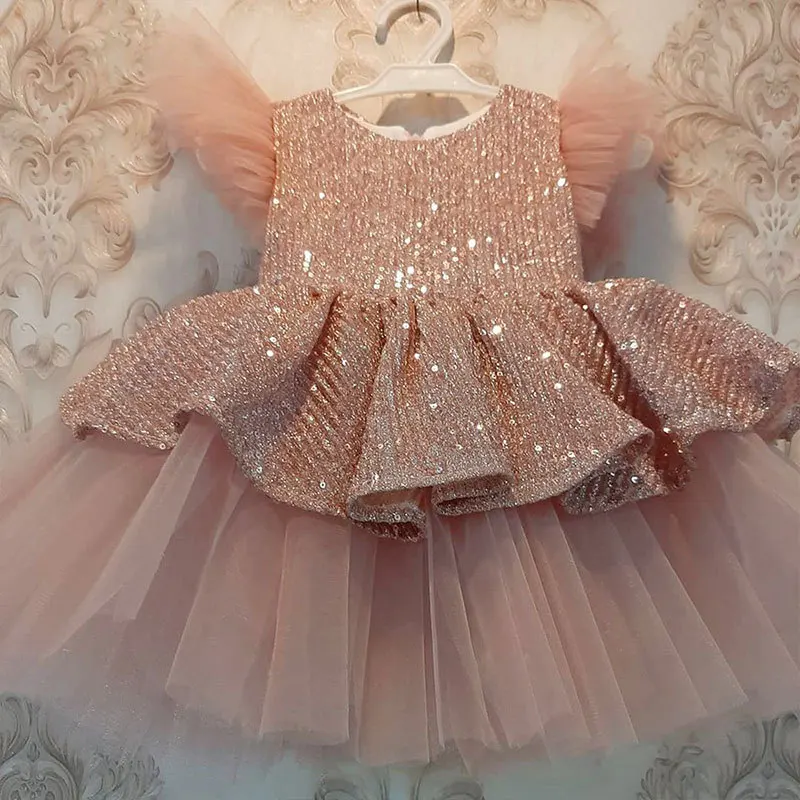 

Baby Girls Pink Princess Dress Fashion Sequin Tulle Elegant Birthday Party Wedding Ball Gown For Children Vestido y355