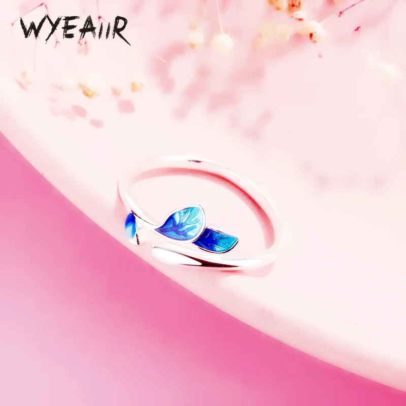 

WYEAIIR 925 Sterling Silver Blue Enamel Leaves Branches Resizable Opening Ring For Women Luxury Jewelry