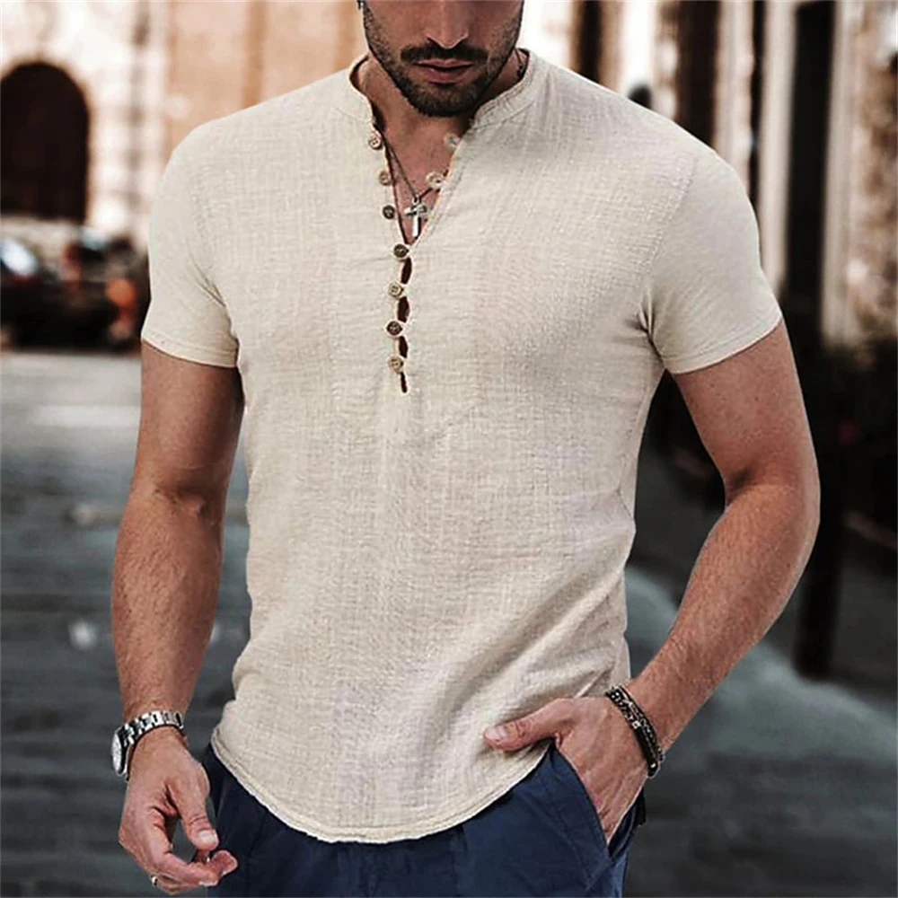 

New Summer Men's T-Shirt Blouse Pullover Shirt Tunic Tops Male Fashion Men Cotton Linen Tee Shirt Solid Beach Top Thin Breathe