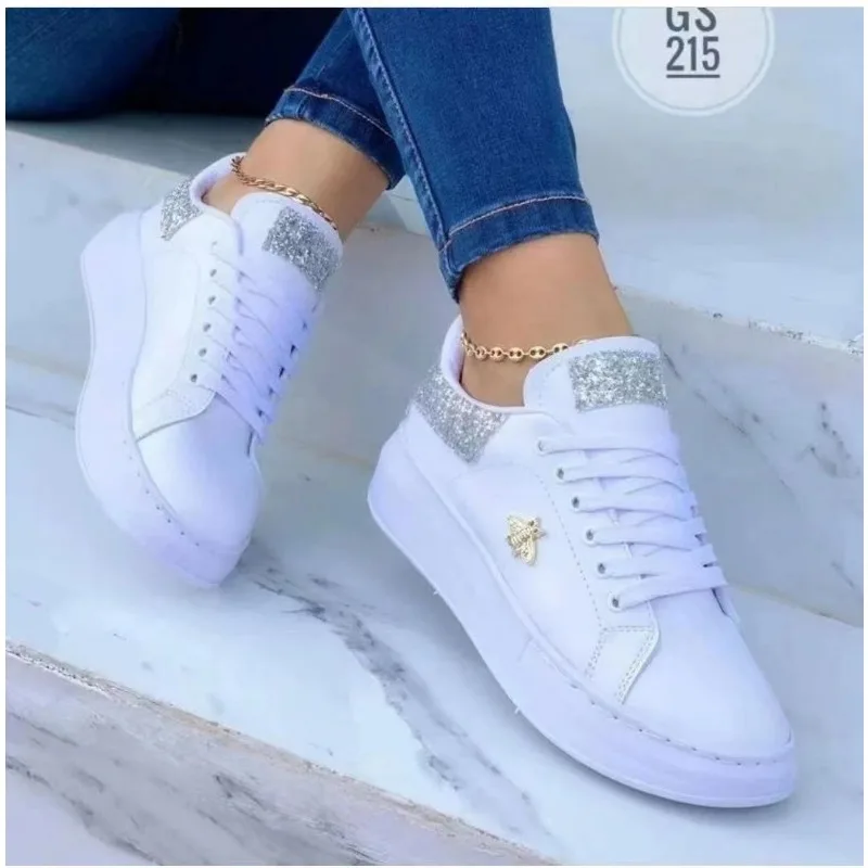 Women Casual Shoes Fashion Butterfly Decor Round Head Sneakers Leather Lace-Up Platform Ladies Vulcanized Shoes Female Footwear