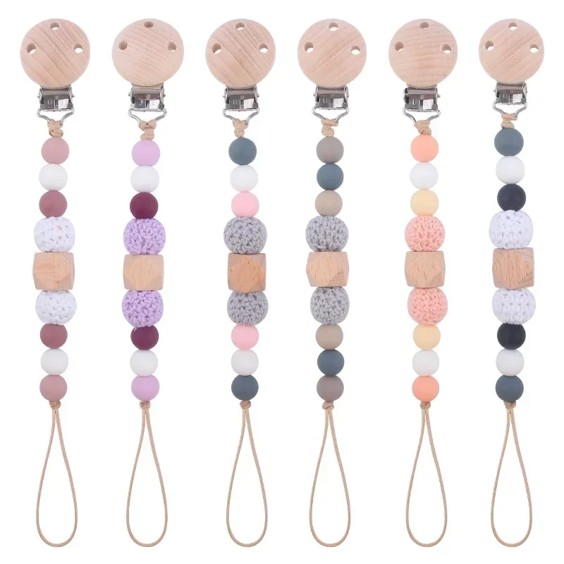 

Safety Wooden Chew Silicone Bead Pacifier Clips Dummy Chain Holder Newborn Soother Chains Nipple Holder Baby Teething Toys Gifts