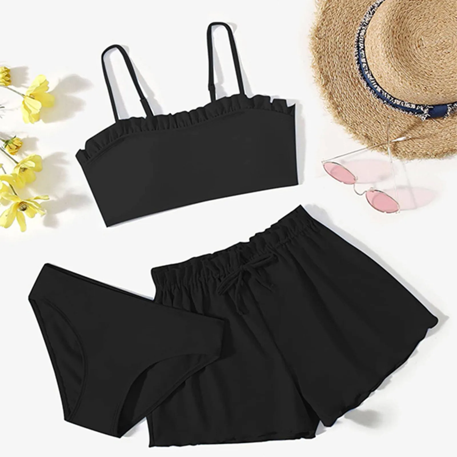 

Summer Swimwear Toddler Girl's 3 Piece Swimsuits Soild Bikini Rullfe Bathing Suit Briefs Girls Bikini Swimwear Set