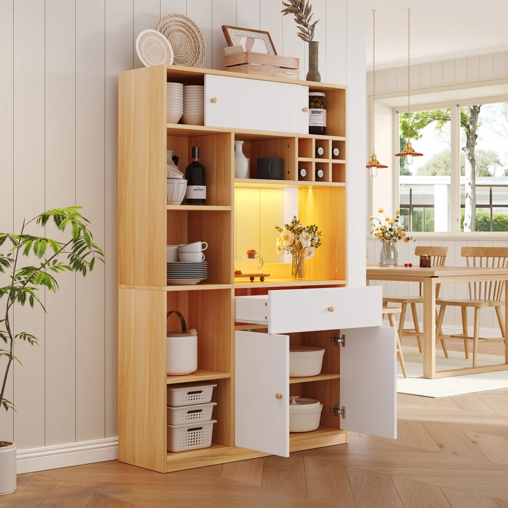 PINGGO Multifunktionaler Küchenschrank mit LED-Beleuchtung im Buffet-Stil 3-Türiger Stauraum für Mikrowelle und Besteck Naturfarben – Detail 11