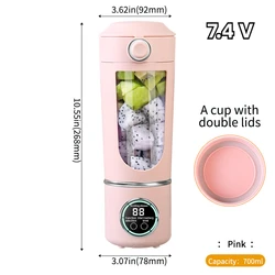 Portable 12-Blade Fast Mixing Juice Maker Blender - 700ML, Available in Multiple Colors (Pink 7.4V with Lid)