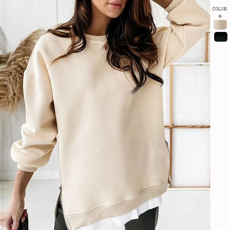 

Autumn Winter Women's Hoodie Round Neck Cover Open Fashion Long-sleeved Hoodie Solid Color Splicing Zipper Sports Loose Shirt