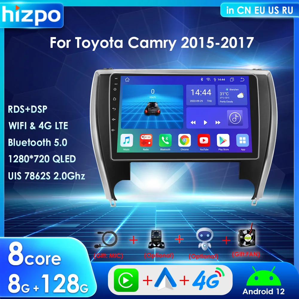 Hizpo Автомагнитола 2 Din Android 12 CarPlay для Toyota Camry 2015-2017 Северная Америка Авторадио мультимедийный плеер GPS BT SWC RDS DSP