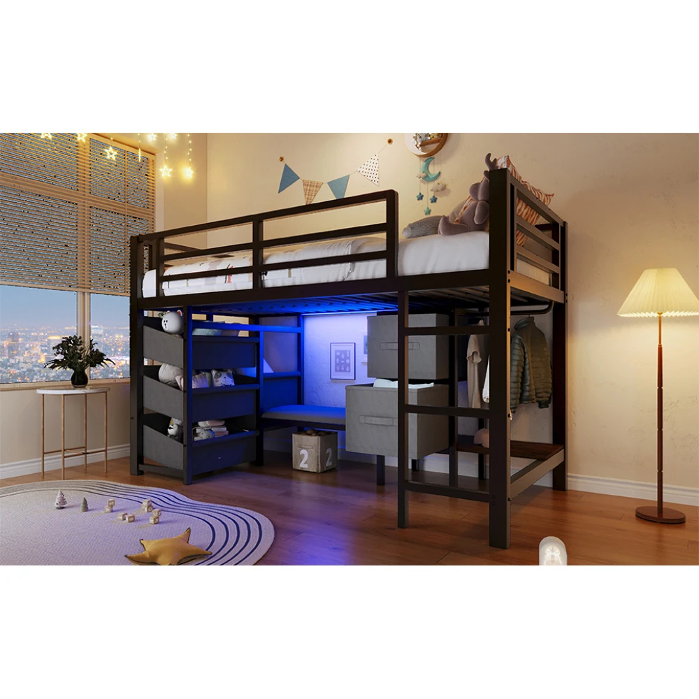Schwarzes Metall-Halbhochbett 90x200cm Multifunktional Platzsparend mit Sitzkissen Stoffbezug LED-Beleuchtung Kleiderhakenbereich – Detail 17