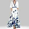Spring Summer Women Fashion V Neck Belted Party Long Dress Sexy Printing  Boho Maxi Dresses Short Sleeve Pocket Femlae Holiday 3