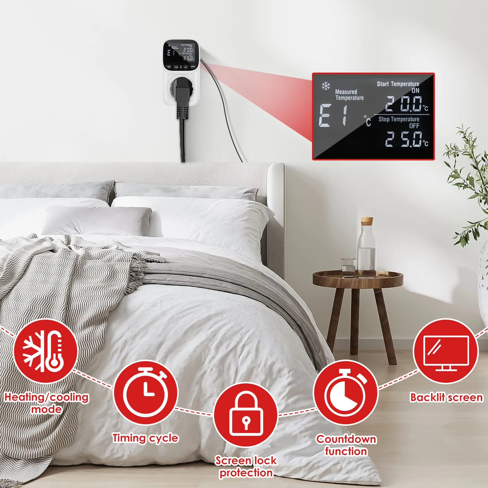 Digital Temperature Controller Socket Thermostat US Plug with Timer Switch Heating Cooling Control for Aquaculture Warming Boxes