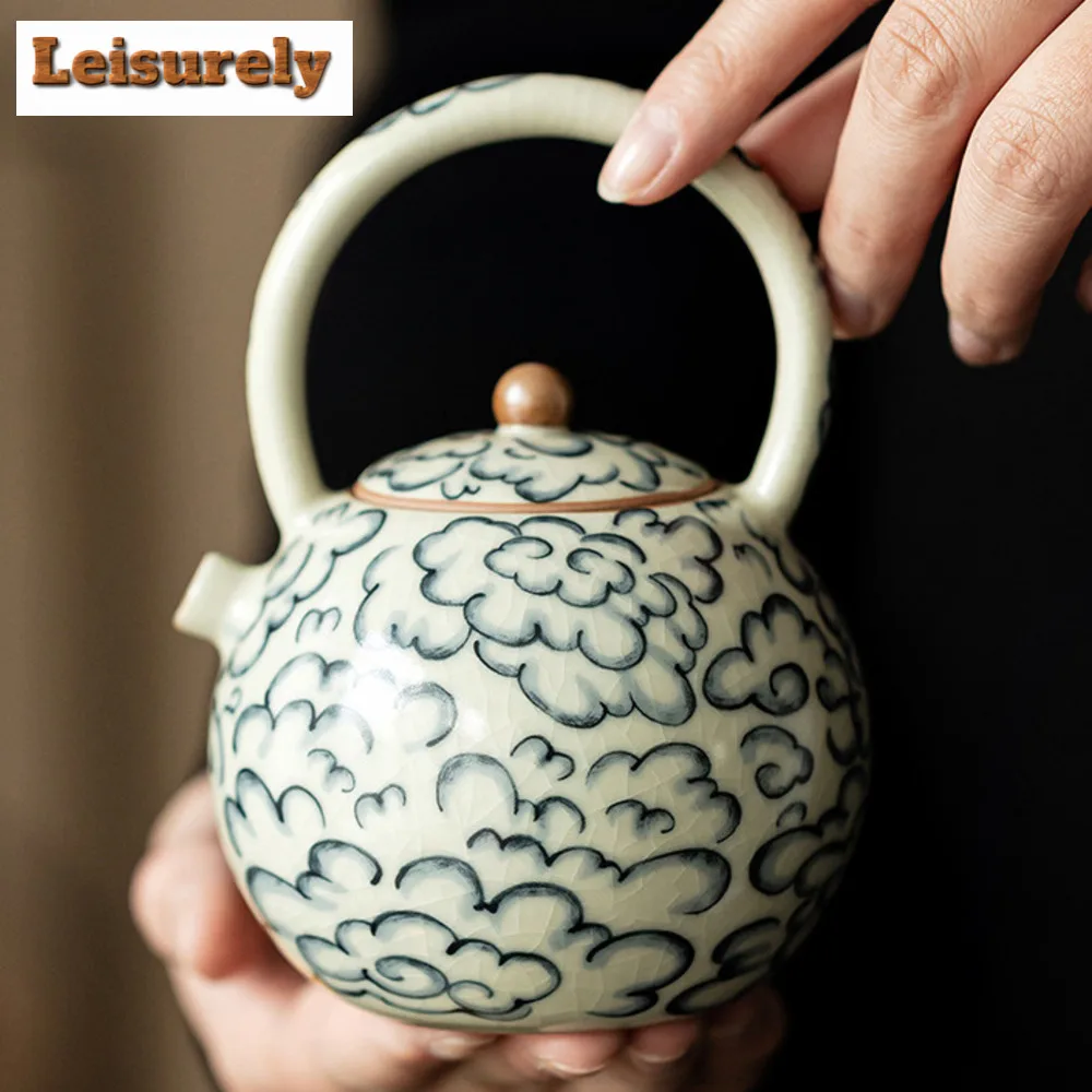 240ml Chinese Ru Porcelain Lifting Beam Teapot Boutique Auspicious Clouds Pot Tea Soaking Kettle Puer Tea Ceremony Ornaments