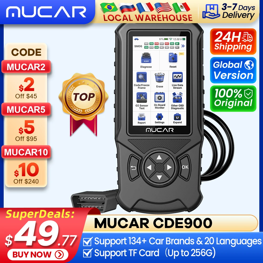 Mucar Cde900 Obd2 Scanner 2 + 16G Auto Car Diagnostic Tools Automotive Obd Scanner Tool Lettore Di Codici 4 "Touchscreen Aggiornamento Gratuito
