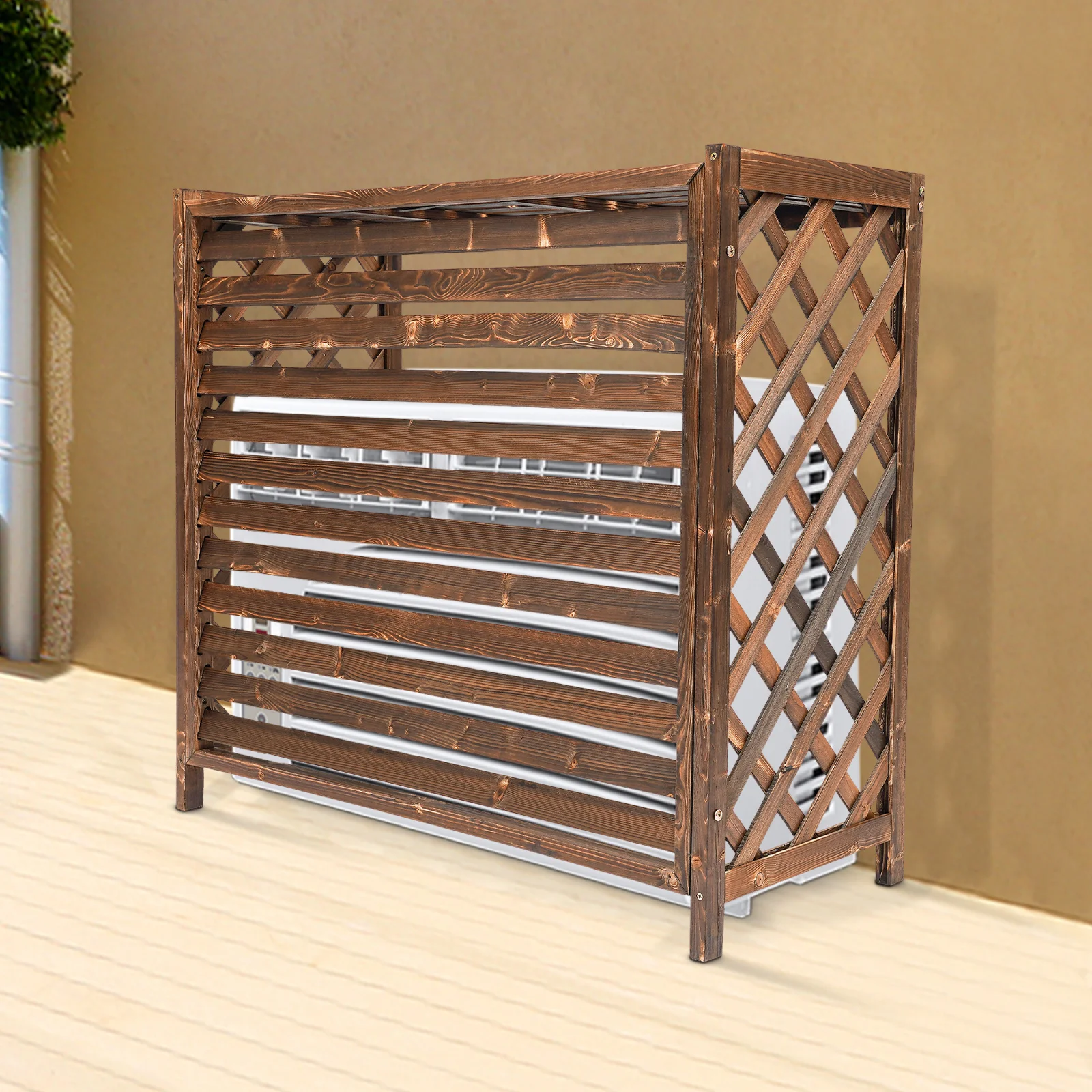 Air Conditioner Cover with Privacy Fence, Waterproof Fir Wood, Sun Protection, Planter Design, Easy Installation, Durable and