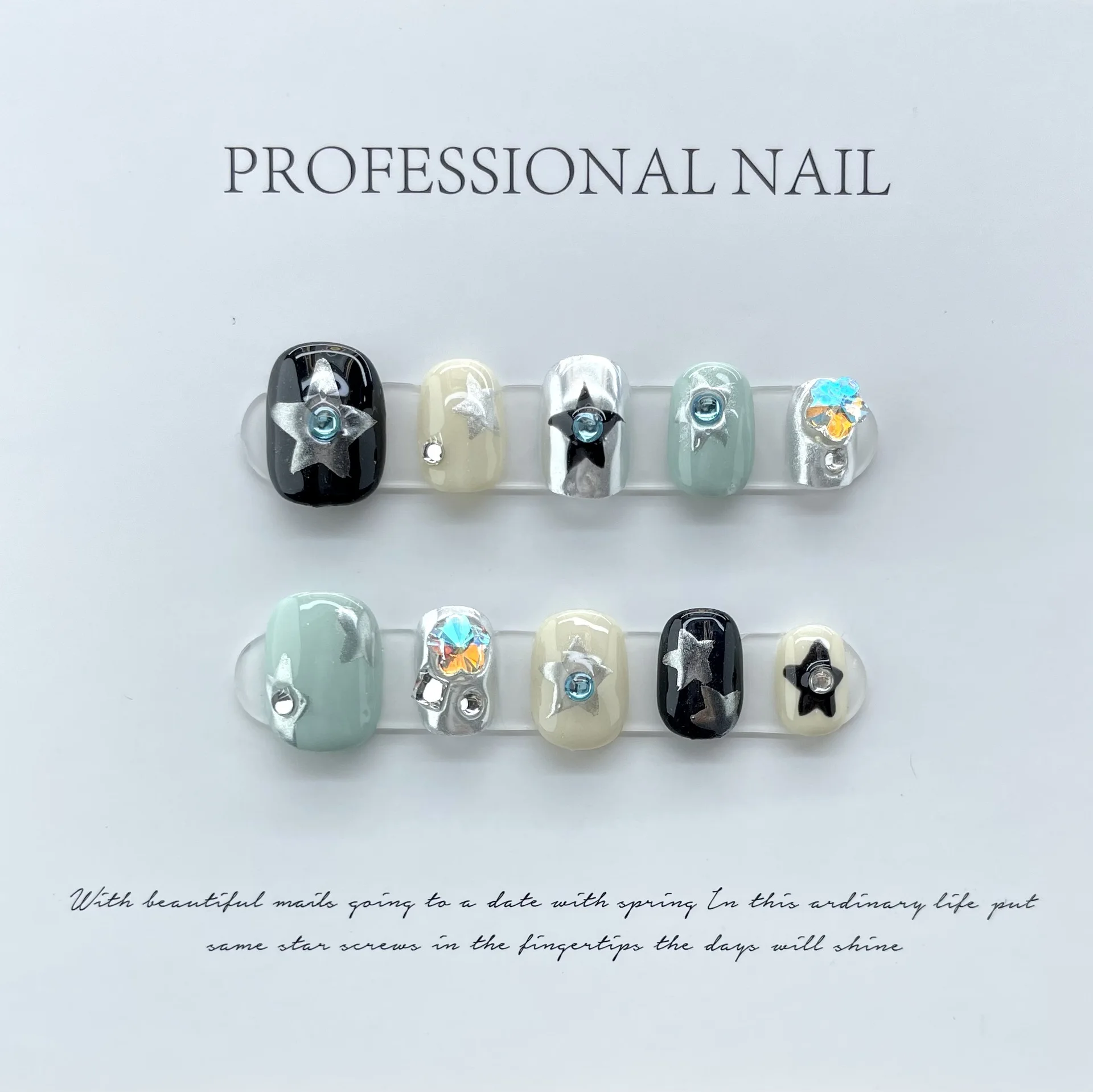 

10pcs Short Handmade Press on Nails Star Wearable False Nails Pink Blue Decoration Simple Fake Nail Full Cover Nail Tips Art