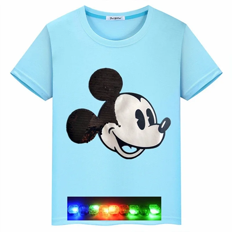 Summer Short Sleeve Clothes Girls Boys T Shirts Led Light Up Mickey Mouse Cartoon Tees Baby Tops Children Toddler Outfit 3-10Y