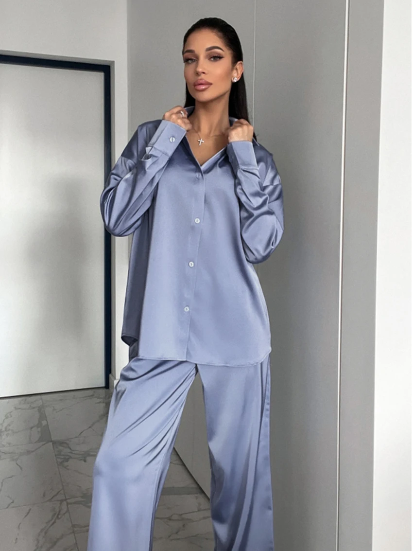 Marthaqiqi Casual Women Nightgown Set Turn-Down Collar Nightie Long Sleeve Sleepwear Wide Leg Pants Ladies Pajamas 2 Piece Suit