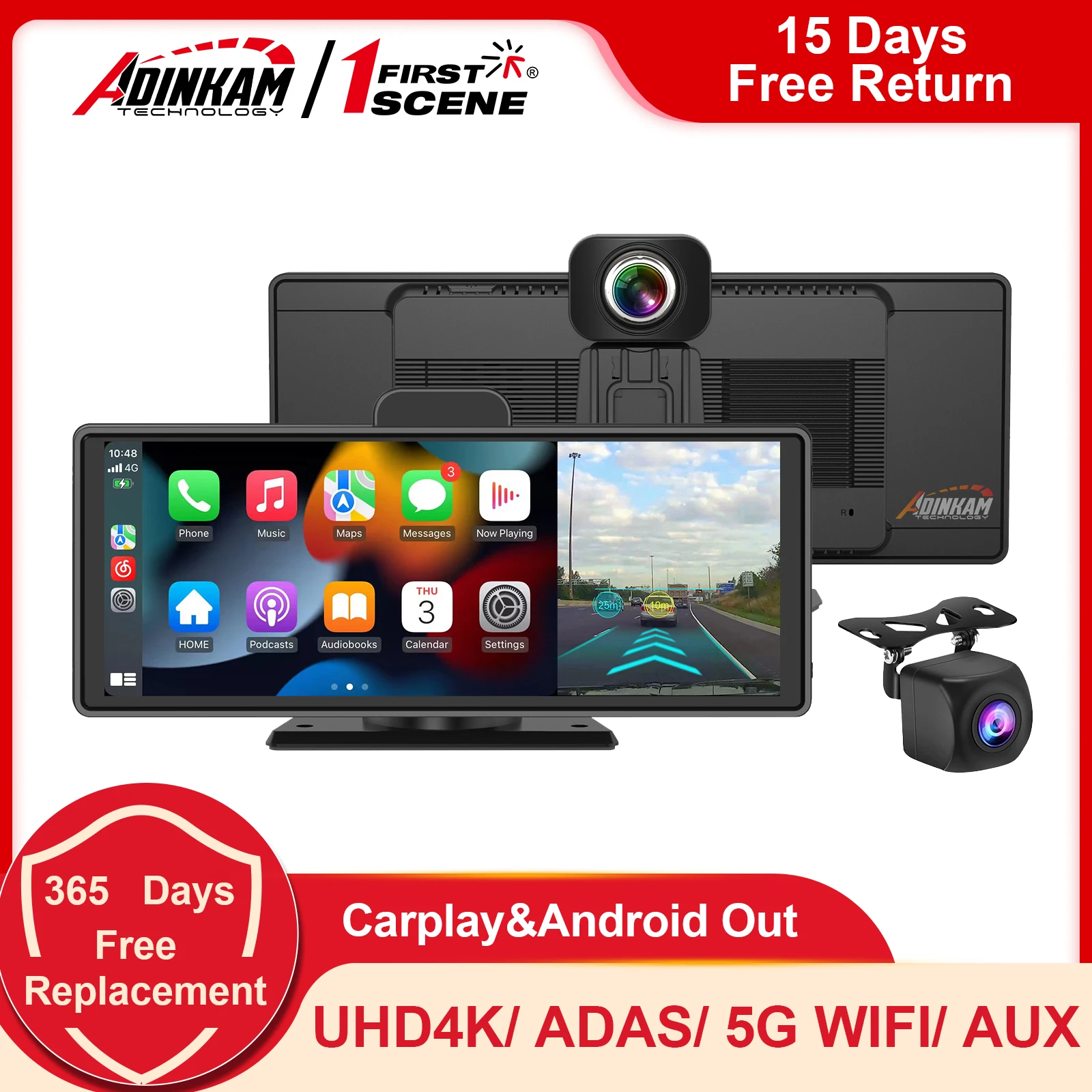 Upgraded！10.26 Inch 5G WIFI ADAS Dash Cam ADINKAM Portable Carplay
