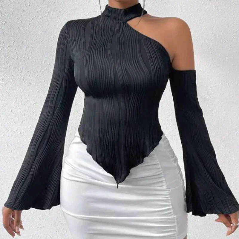 

Spring Tops Ropa De Mujer 2024 Turtleneck Crop T-shirts Sexy Bodycon Long Sleeve Slim T Shirts Off Shoulder Halter Sexy L049