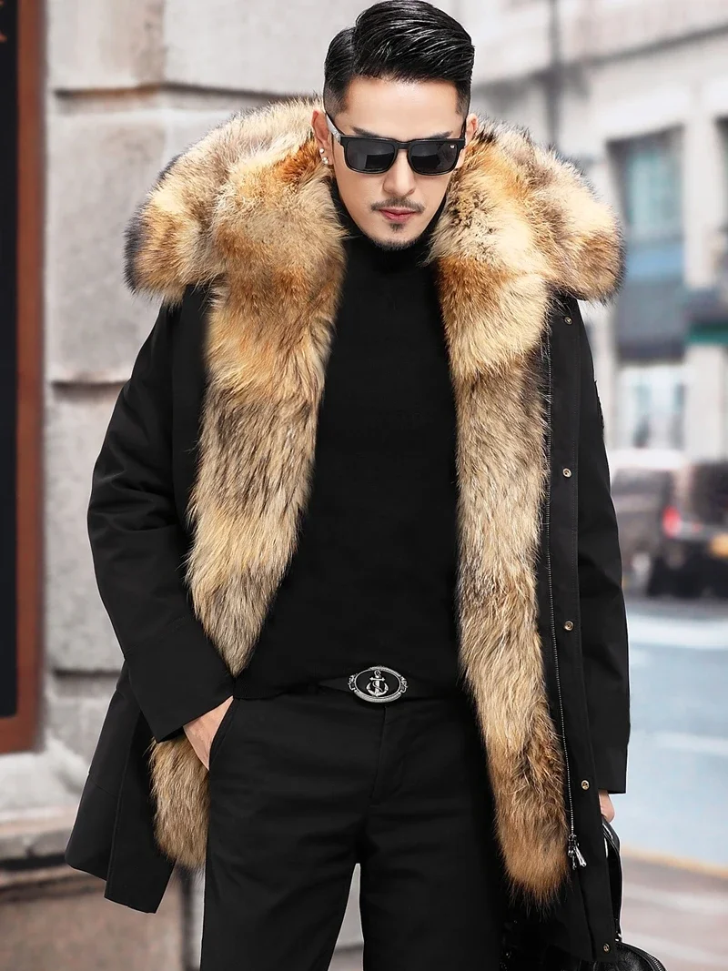 

Jacket Coat Thickened Warm Mid-Length Men's Parka Detachable Integrated Imitation Fur off-Season Detachable Collar Hooded Winter