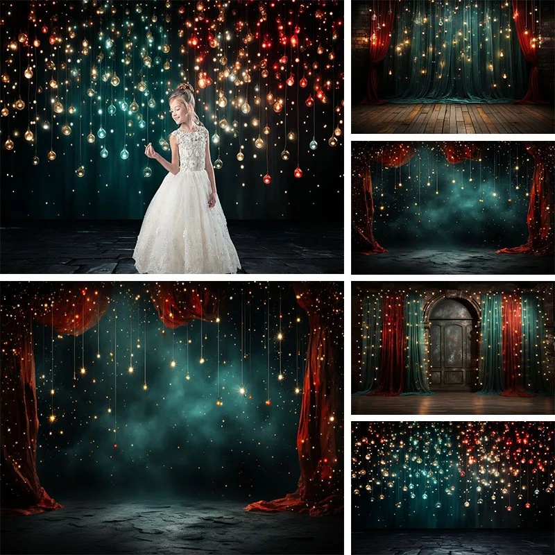 

Christmas Photography Backdrops Girls Glowing Dots Blue And Red Curtains Background Wall Kids Portrait Photo Studio Booth Props