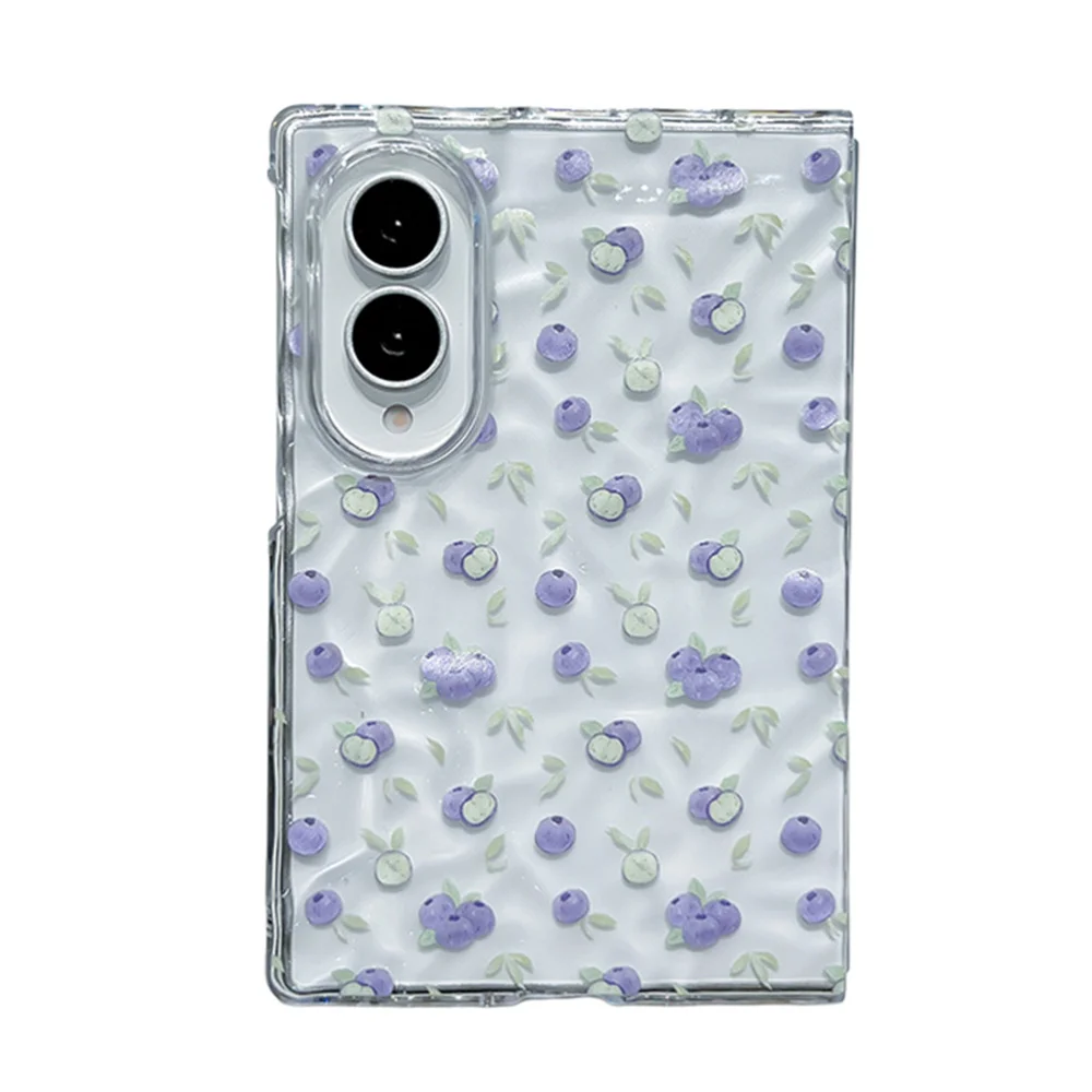 Cute Purple Blueberry Print Wavy Glitter Clear Phone Case with Pearl Wrist Strap