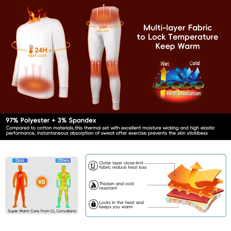 Thermal Underwear Set for Men Cold Weather Base Layer Top Bottom S-2XL