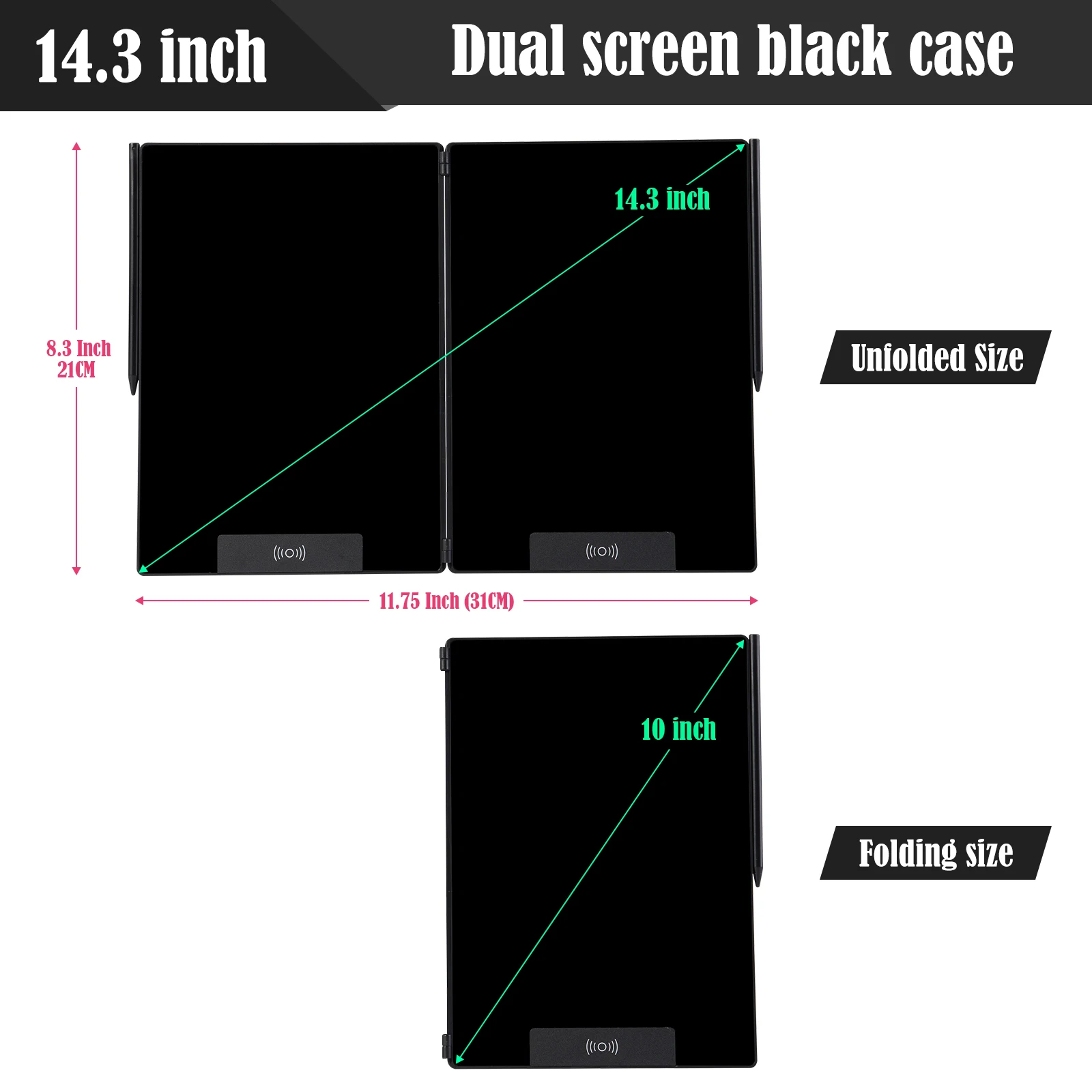 14.3인치 접이식 LCD 필기 태블릿 (분할 화면, 지울 수 있는 전자 드로잉 보드 및 노트북 포함)