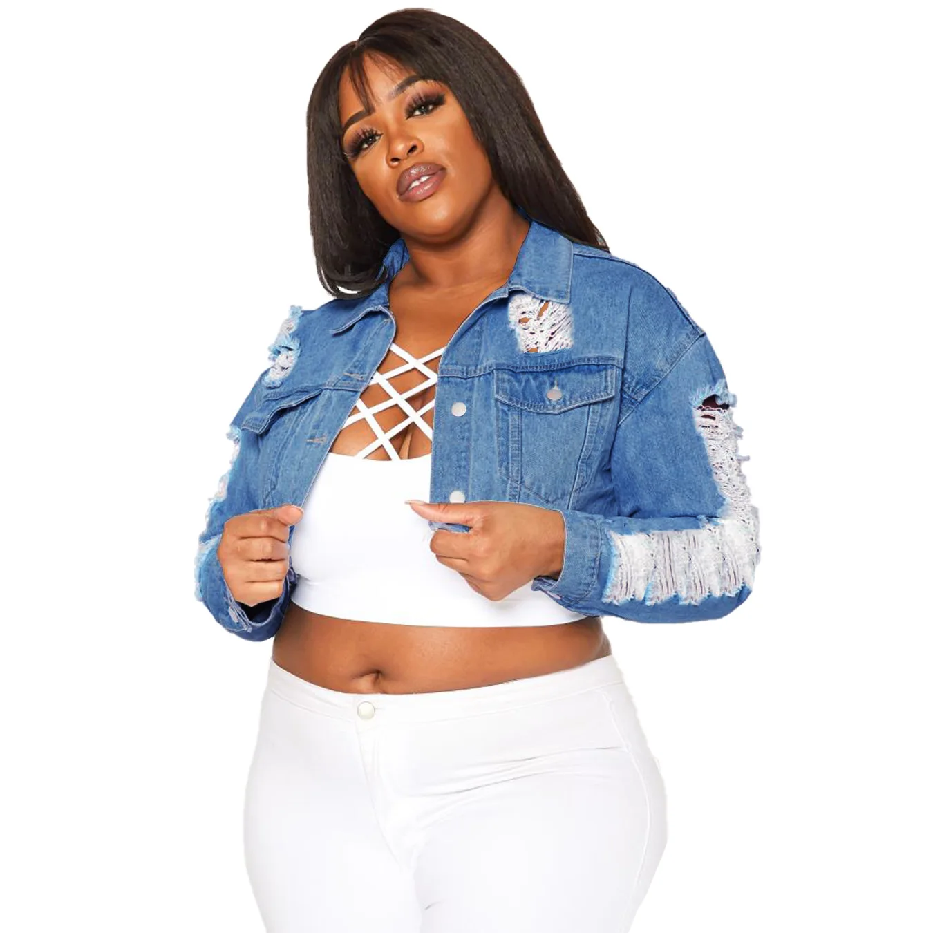 Plus Size Jean Jacket 2022 Autumn Hollow Out Denim Short Coats Winter Lady Fashion Sexy Outfits Female Casual Wholesale Clothes